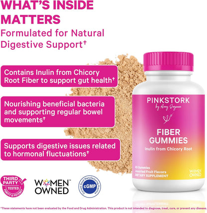 Pink Stork Prenatal Fiber Gummies for Women - 3g Prebiotic Inulin from Chicory Root - Natural Pregnancy & Postpartum Stool Softeners for Constipation & Digestive Health - 60 Vegan Fiber Chews