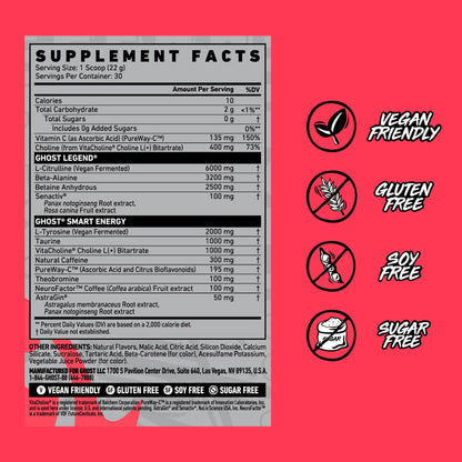 GHOST Legend Pre Workout Powder, Sonic Cherry Limeade - 30 Servings – Pre-Workout for Men & Women with Choline, L-Citrulline, & Beta Alanine for Energy & Focus