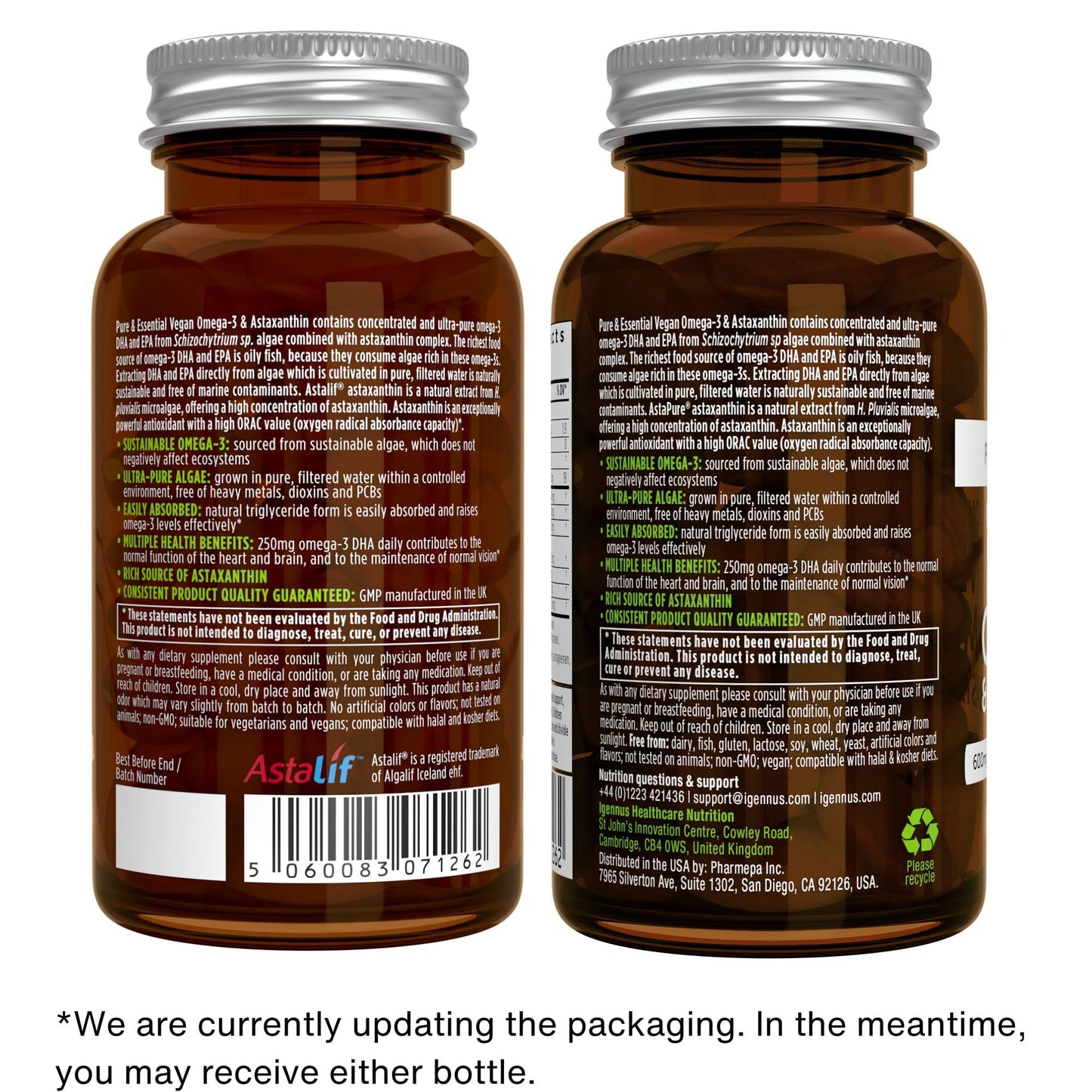 Igennus Vegan Omega-3 Algae Oil, IAOS Certified Pure, 400mg DHA & 200mg EPA per Serving, Triglyceride Form, Supports Brain & Heart Health, with Astaxanthin, 60 Small Softgels (30 Servings)