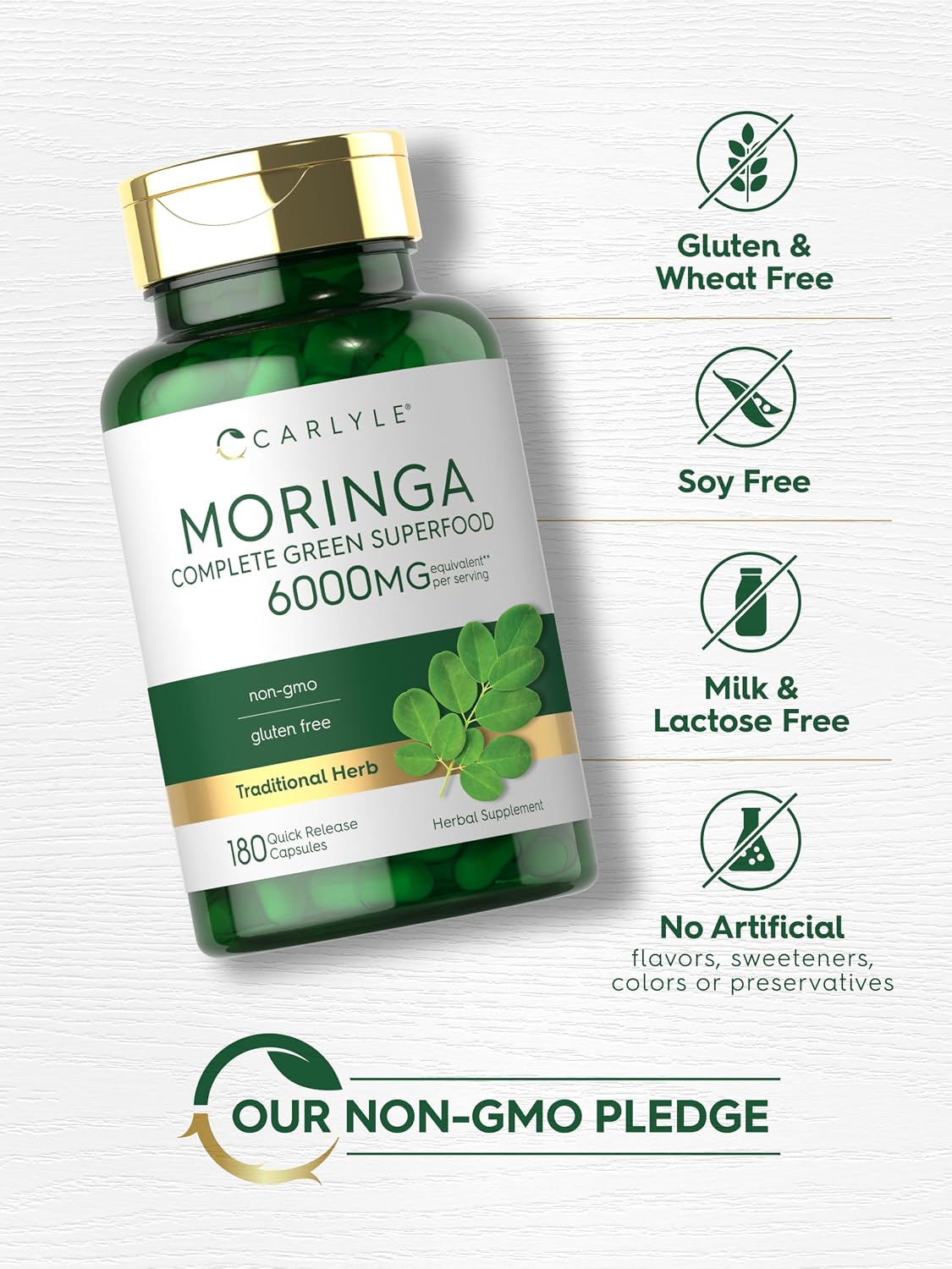 Carlyle Moringa Oleifera Supplement | 180 Capsules | Complete Green Superfood for Women and Men | From Moringa Leaf Powder | Non-GMO and Gluten Free