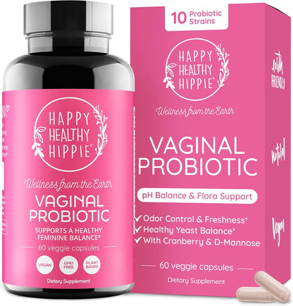 Happy Healthy Hippie Vaginal Probiotic for Women, 10 Strains, Vegan, 60 Ct