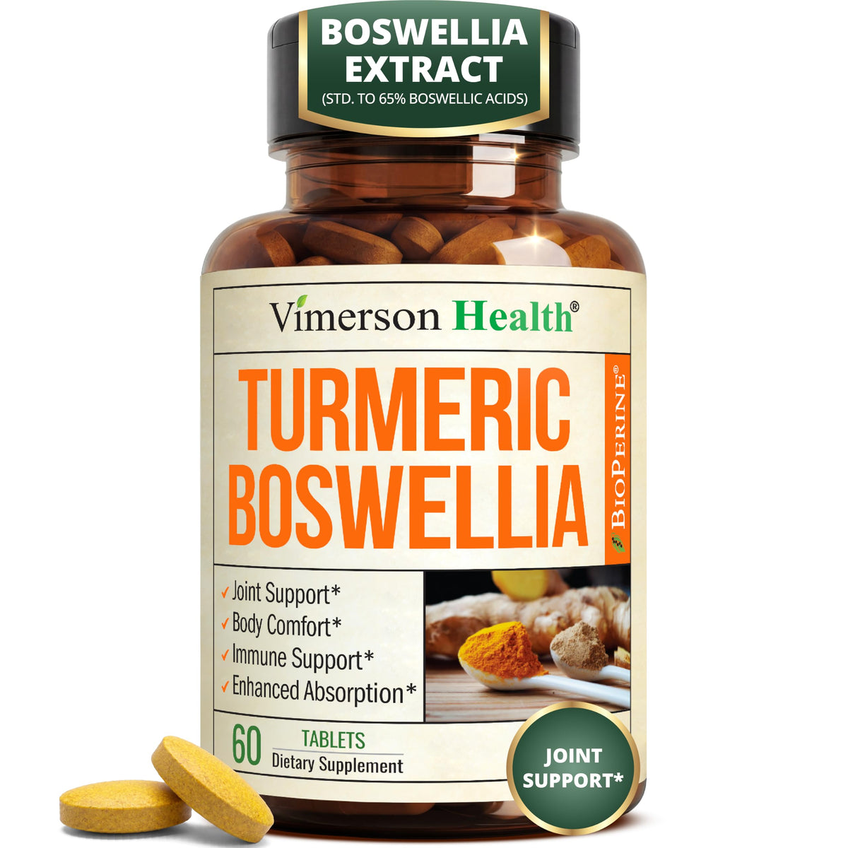 Turmeric Boswellia Supplement w/Ginger – Gut Friendly Joint Supplement 60Ct