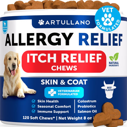 Dog Allergy Relief Chews - Itching Skin Relief for Dogs - Fish Oil - Omega 3 - Seasonal Allergies Pills - Skin & Coat, Anti Itch,Hot Spots Treatment - Canine Immune Health Supplement - 120 Soft Treats