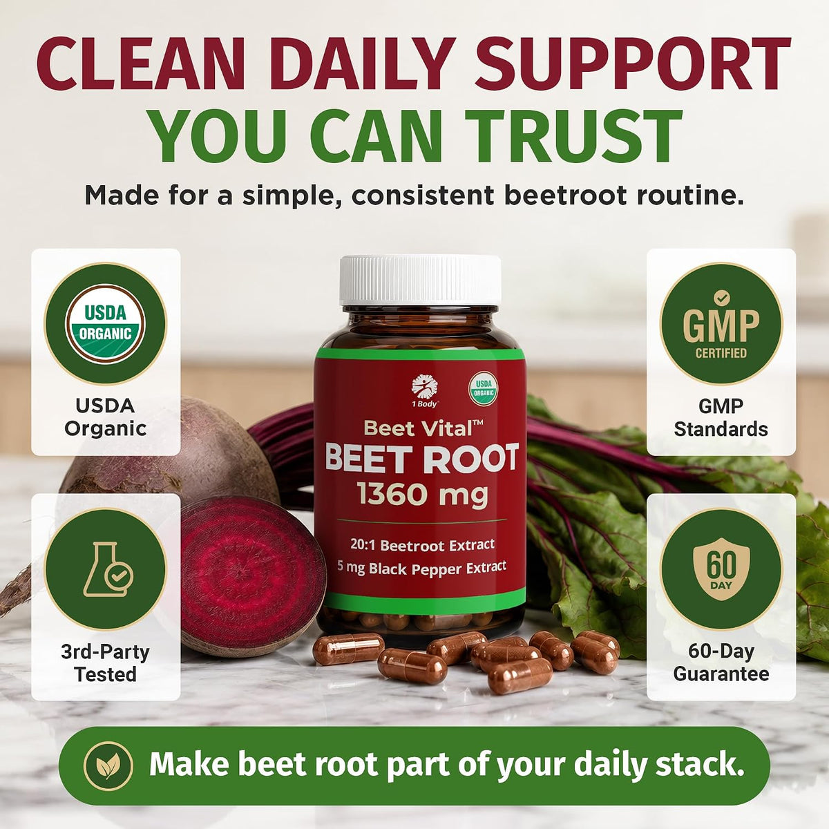 1 Body Beet Root Capsules 1360mg, 20:1 Extract, Beet Vital, 60 Caps