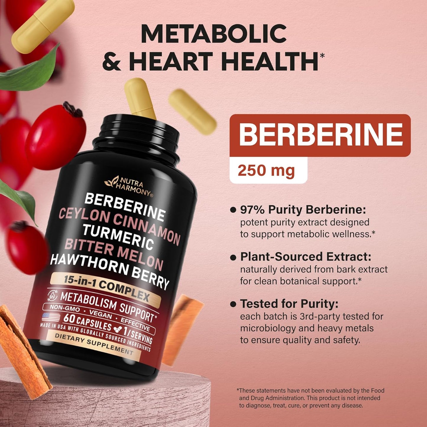 Berberine with Ceylon Cinnamon | Bitter Melon (Karela) | Apple Cider Vinegar | Hawthorn Berry | Citrus Bergamot | Turmeric - 15in1 Supplement for Heart Metabolism & Energy Support - Vegan, 60 Capsules