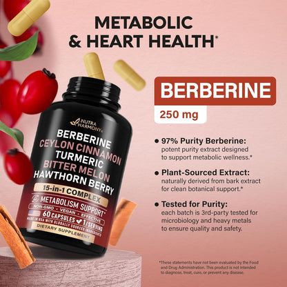 Berberine with Ceylon Cinnamon | Bitter Melon (Karela) | Apple Cider Vinegar | Hawthorn Berry | Citrus Bergamot | Turmeric - 15in1 Supplement for Heart Metabolism & Energy Support - Vegan, 60 Capsules