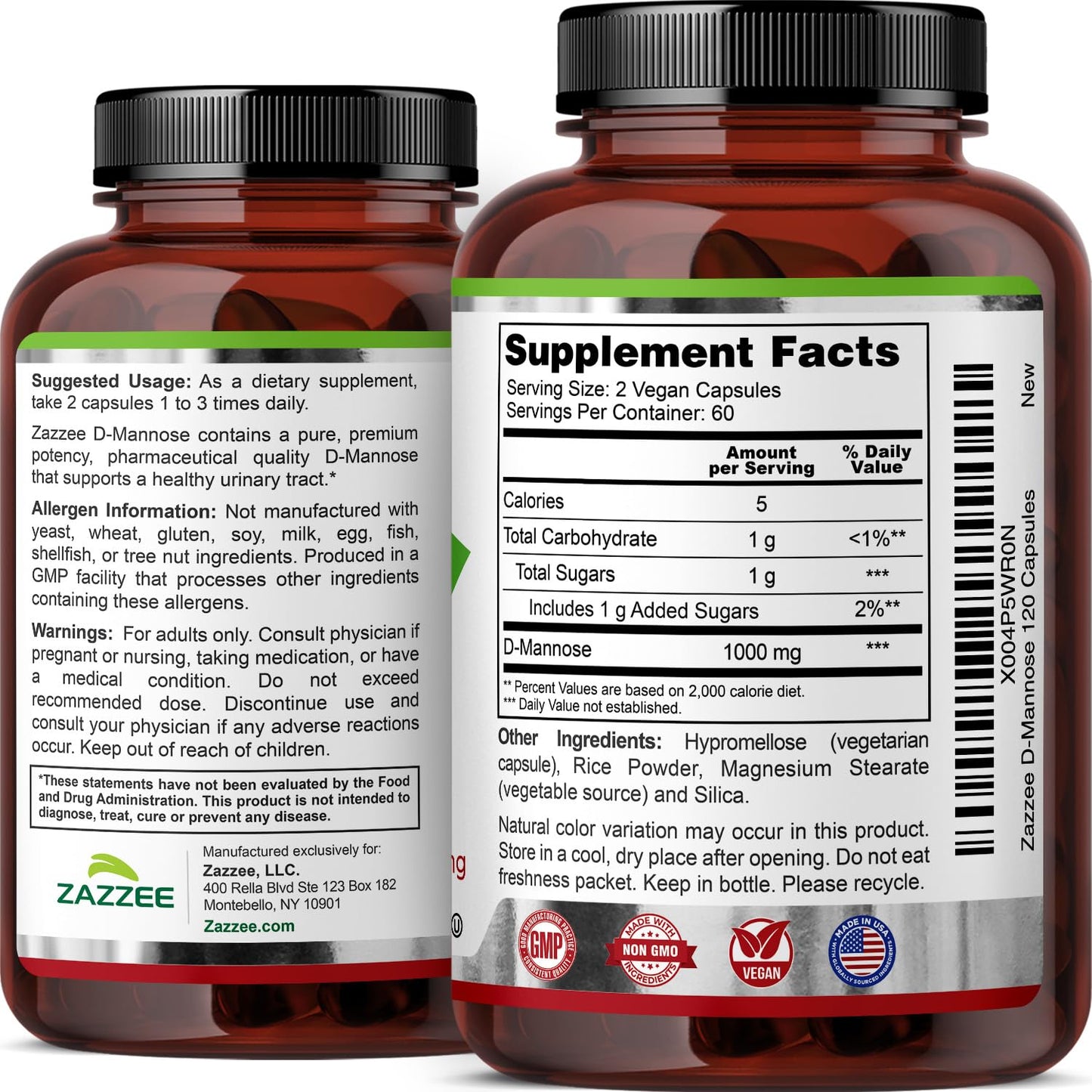 Zazzee D-Mannose, 1000 mg per Serving, 180 Vegan Capsules, 3 Month Supply, Potent & Fast-Acting, Certified Kosher, 100% Pure, All-Natural Urinary Tract Health Support, 100% Vegetarian, Non-GMO