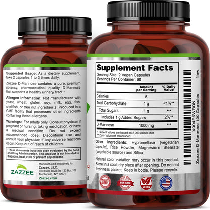 Zazzee D-Mannose, 1000 mg per Serving, 180 Vegan Capsules, 3 Month Supply, Potent & Fast-Acting, Certified Kosher, 100% Pure, All-Natural Urinary Tract Health Support, 100% Vegetarian, Non-GMO