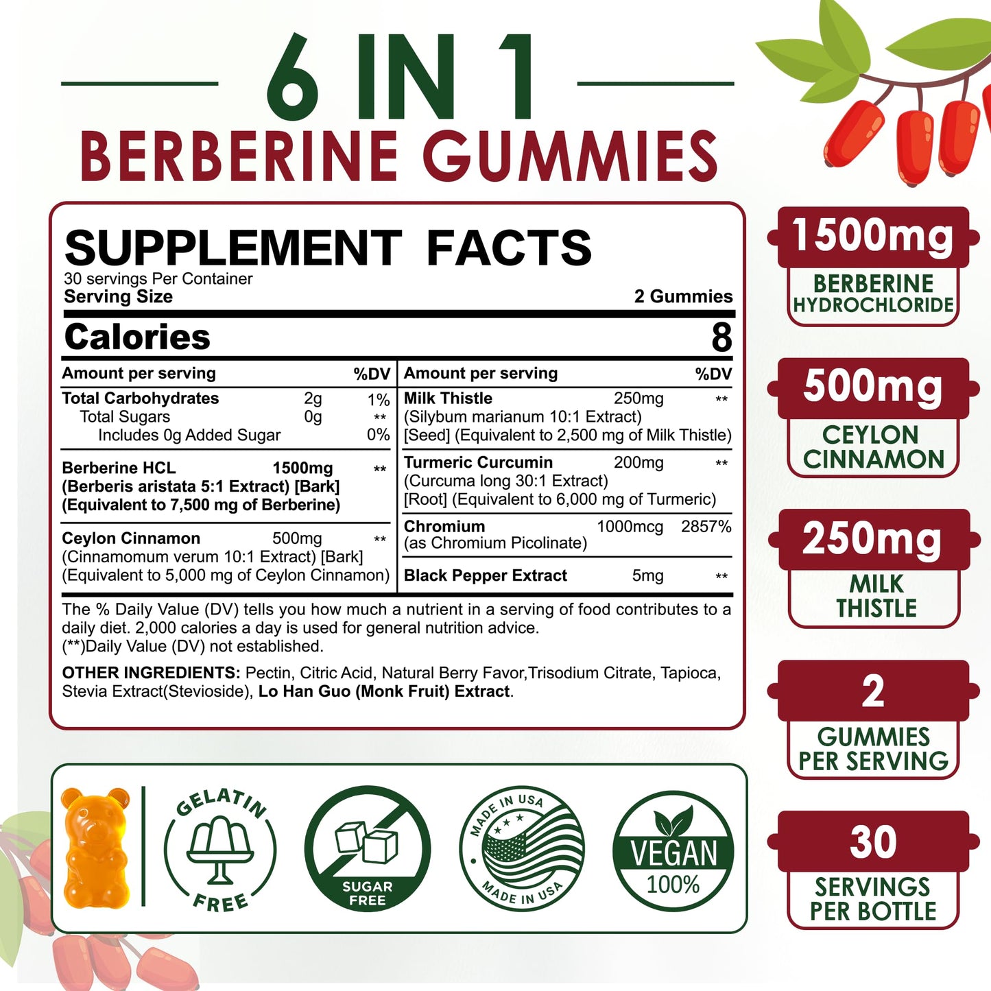 Berberine Gummies Supplement 1500mg, Natural GLP-1 Support + Ceylon Cinnamon, Chromium, Milk Thistle, Turmeric, AMPK Activator for Women & Men, Berberine HCl from Indian Barberry, Sugar Free, 60 Count