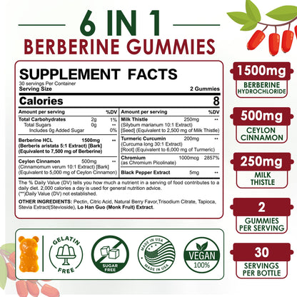 Berberine Gummies Supplement 1500mg, Natural GLP-1 Support + Ceylon Cinnamon, Chromium, Milk Thistle, Turmeric, AMPK Activator for Women & Men, Berberine HCl from Indian Barberry, Sugar Free, 60 Count