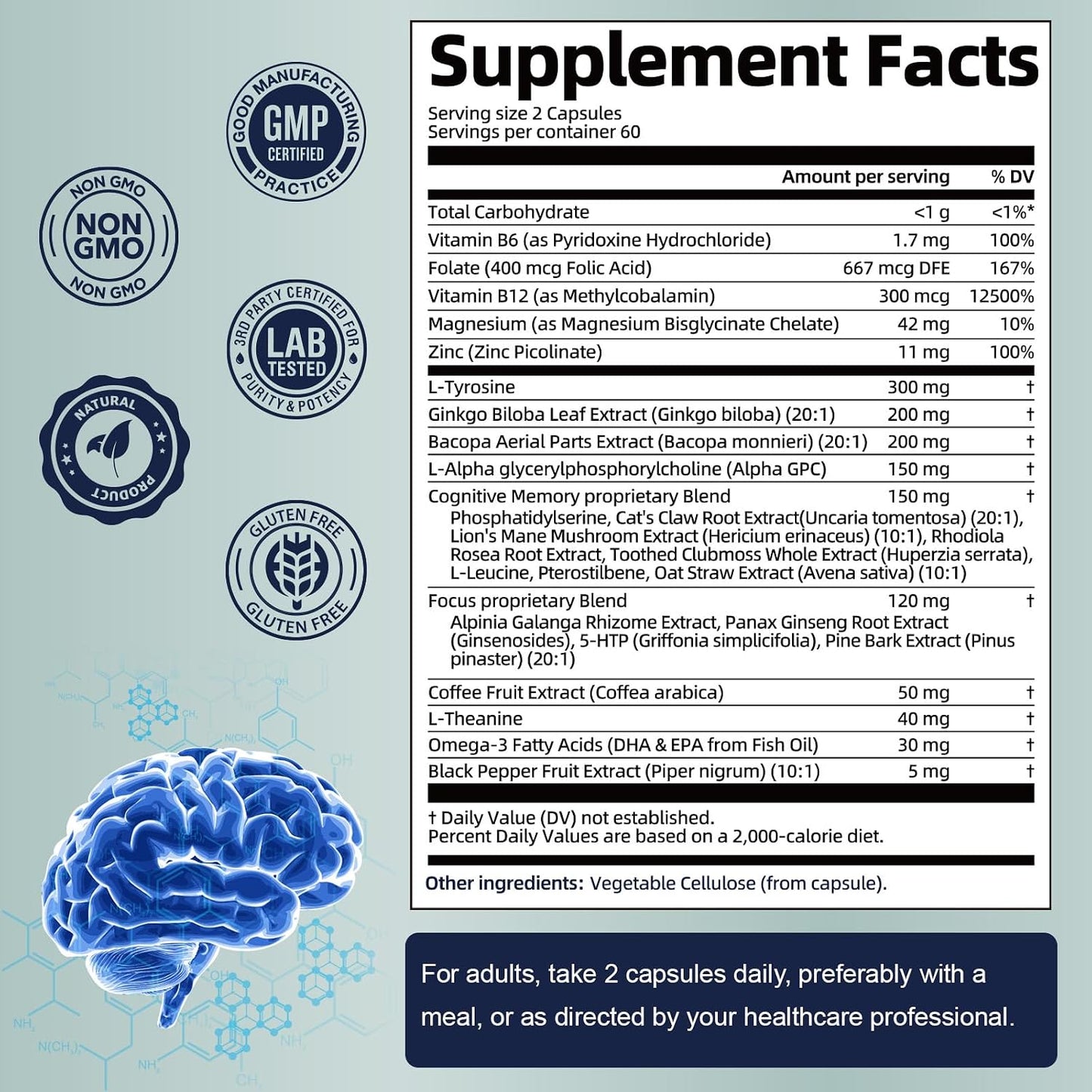 Totaria Brain Supplements for Memory and Focus, Brain Health with L-Tyrosine, Alpha GPC, Ginkgo Biloba, Bacopa Monnieri, Nootropic Cognitive Support - Non-GMO, Gluten Free (120 Counts)