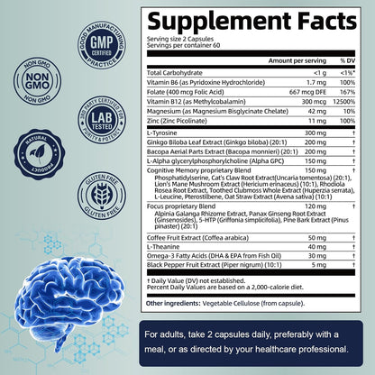 Totaria Brain Supplements for Memory and Focus, Brain Health with L-Tyrosine, Alpha GPC, Ginkgo Biloba, Bacopa Monnieri, Nootropic Cognitive Support - Non-GMO, Gluten Free (120 Counts)