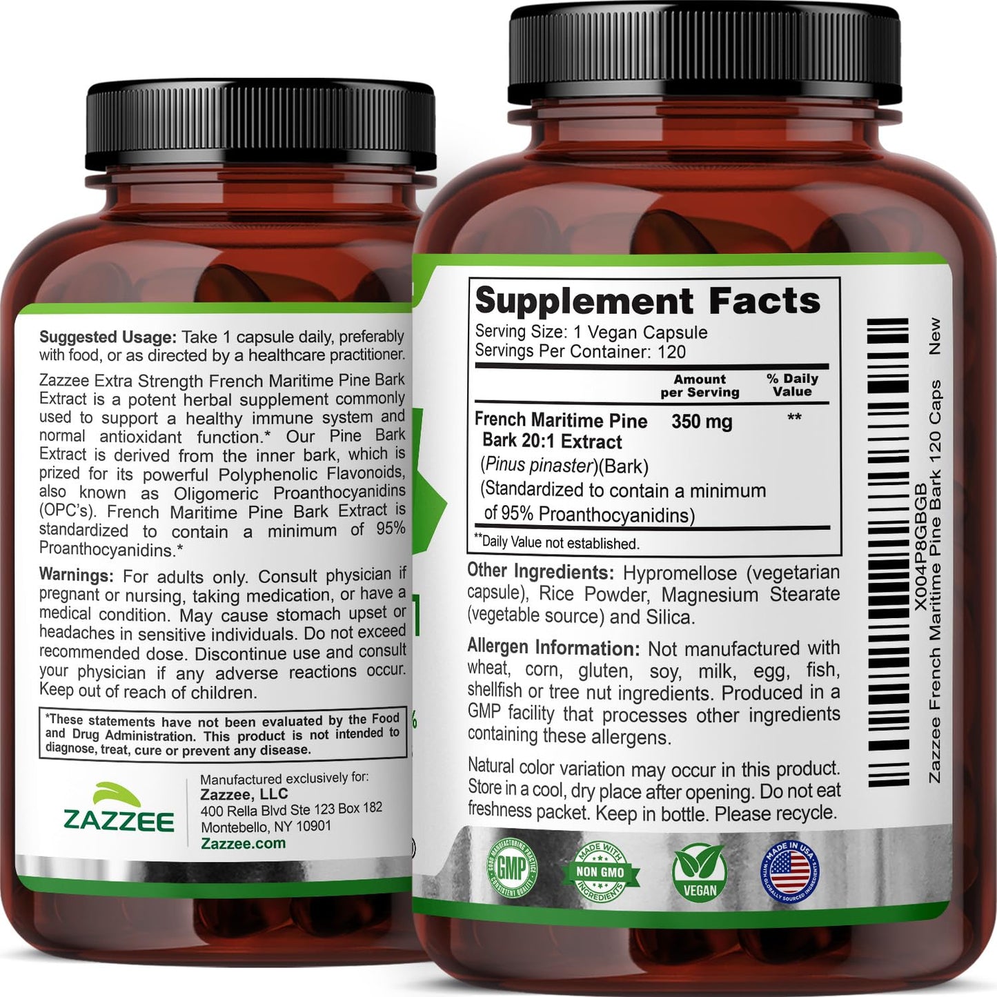 Zazzee Extra Strength French Maritime Pine Bark Extract 20:1, 350 mg Per Capsule, 95% Proanthocyanidins, 180 Vegan Capsules, 6 Month Supply, Certified Kosher, Antioxidant Support, Non-GMO, Made in USA
