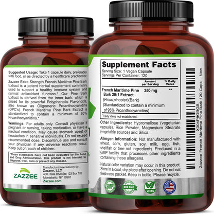 Zazzee Extra Strength French Maritime Pine Bark Extract 20:1, 350 mg Per Capsule, 95% Proanthocyanidins, 180 Vegan Capsules, 6 Month Supply, Certified Kosher, Antioxidant Support, Non-GMO, Made in USA