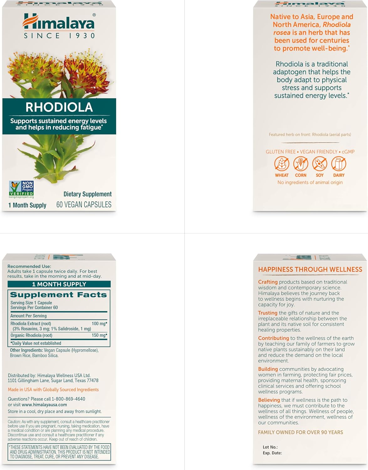 Himalaya Rhodiola Rosea Extract - Herbal Rhodiola Rosea Supplements for Supporting Stress Relief, Energy, and Exercise Endurance - Vegan, Gluten Free, 250 mg, 60 Capsules