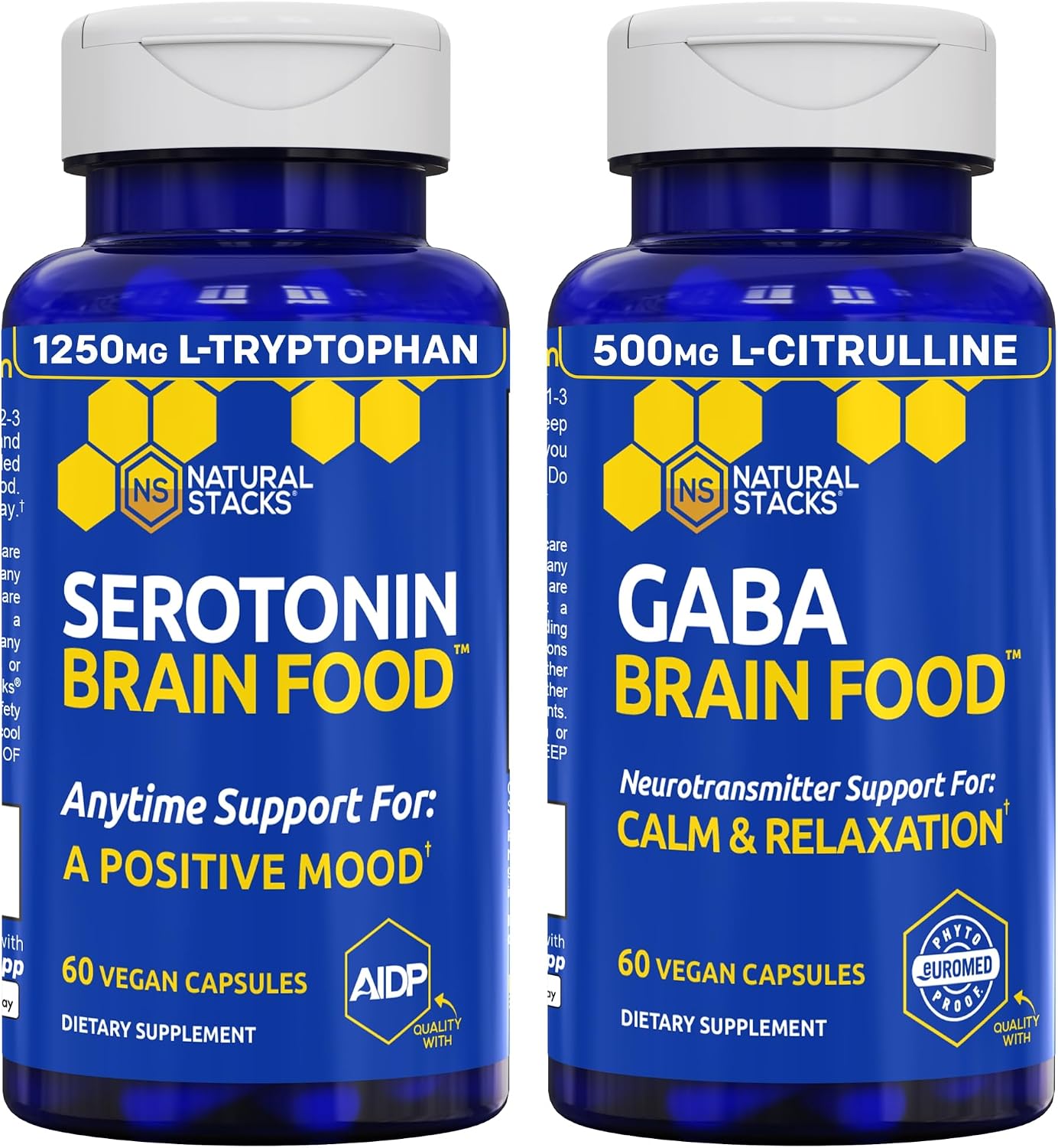 NATURAL STACKS Serotonin & GABA Brain Food Bundle - Supports a Positive Mood & Calmness* - 120 Total Capsules