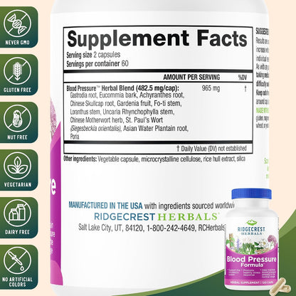 RidgeCrest Herbals Blood Pressure Herbal Formula Circulation Support 120 Ct | 60 Servings, 12 Herbs, Poria Mushroom, Gastrodia, Gardenia, Supports Vascular Wellness, Natural Herbal Blend for Adults