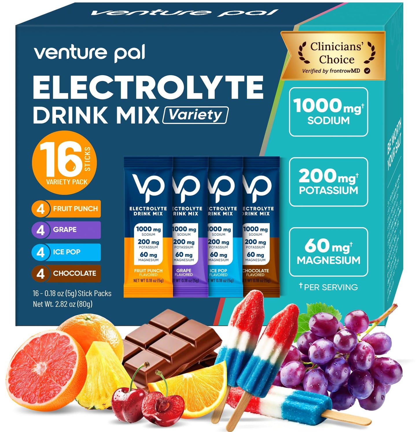 Venture Pal High Sodium Sugar-Free Electrolytes Powder Packets, 16 Sticks | Hydration Packets with Sodium, Potassium & Magnesium, Zero Calories, Keto, Vegan, and Paleo Friendly