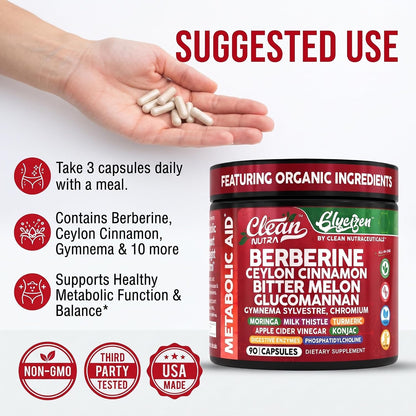 Clean Nutra Berberine and Ceylon Cinnamon Supplement Bitter Melon Glucomannan Gymnema Sylvestre Chromium Moringa Milk Thistle Turmeric Apple Cider Vinegar Digestive Enzymes Inositol Pills 90 Capsules