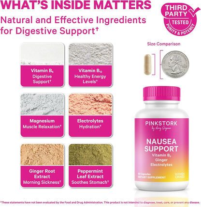 Pink Stork Vitamin B6, Ginger, Electrolyte Capsule, 60ct | Motion Sickness, +GLP-1 Support, Natural Digestive Support with Peppermint, Potassium, Magnesium, Gentle on the Stomach