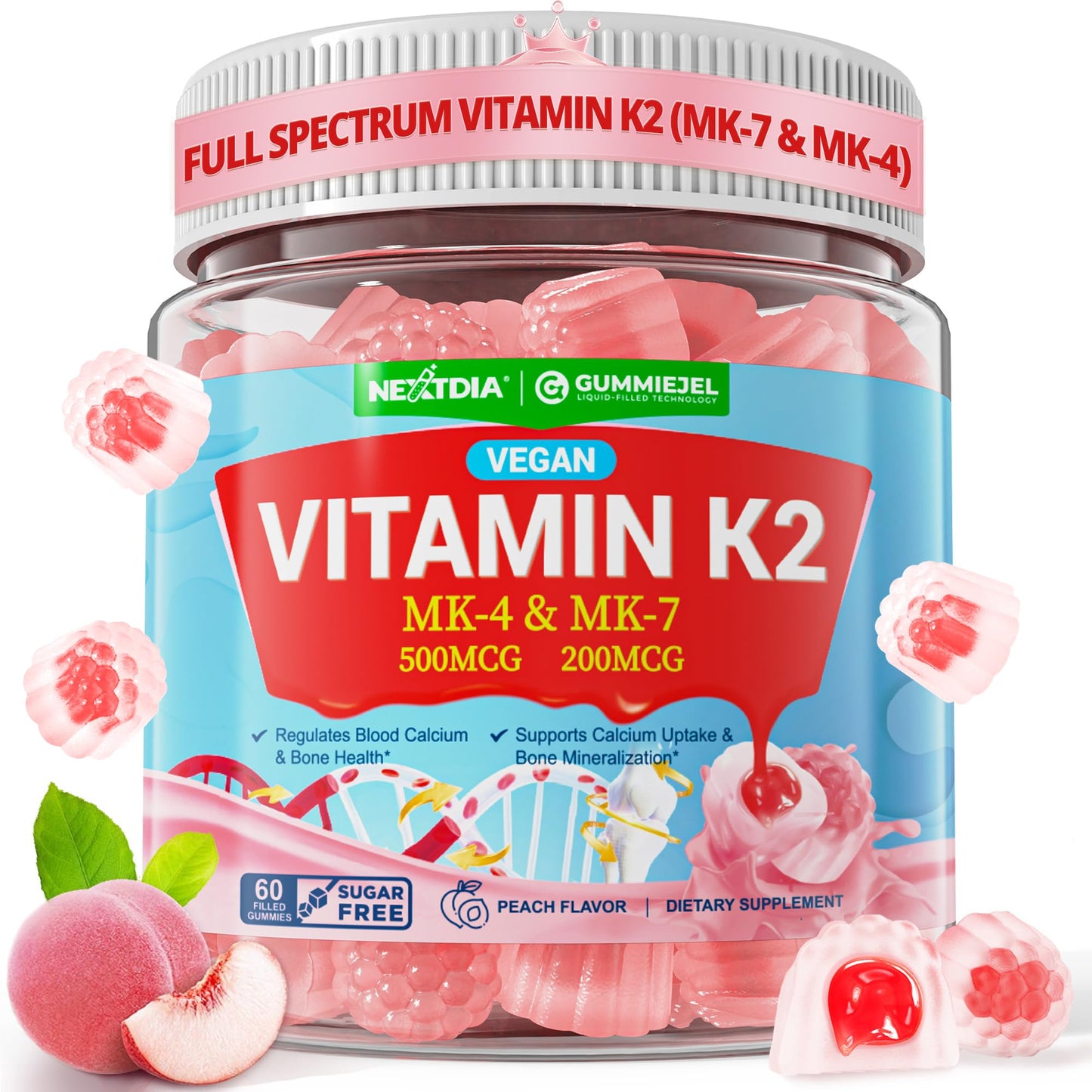 Vitamin K2 Gummies MK-7 200 mcg & MK-4 500 mcg for Women & Men Sugar Free, Perfect 2-IN-1 Full Spectrum Vitamin K2 Supplement for Bone, He-art, Promotes Calcium Absorption, Brain, Teeth, Immune,1Pack