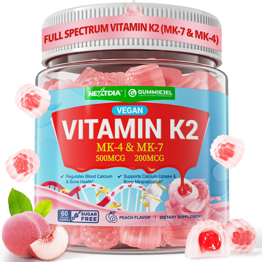 Vitamin K2 Gummies MK-7 200 mcg & MK-4 500 mcg for Women & Men Sugar Free, Perfect 2-IN-1 Full Spectrum Vitamin K2 Supplement for Bone, He-art, Promotes Calcium Absorption, Brain, Teeth, Immune,1Pack