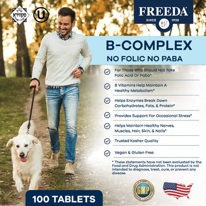 FREEDA Super B-Complex Vitamin Supplement – No Folic Acid or PABA, 100ct | Supports Energy, Metabolism, & Cellular Function – Balanced B Vitamins for Men & Women – Kosher, Vegan, Gluten-Free, USA Made