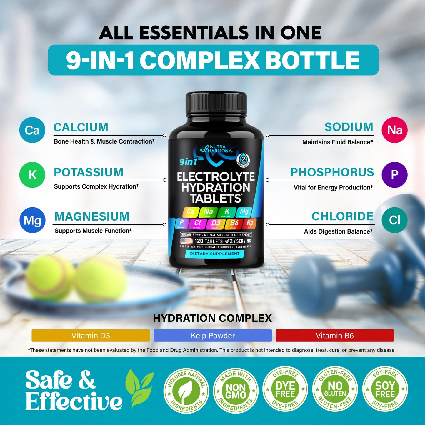 Electrolytes - Electrolyte Tablets with Magnesium, Sodium, Potassium, Chloride, Vitamins D3 & B6, Kelp Powder - Salt Pills - Lab Tested - Oral Tablets as Capsules - Vegan & Keto Friendly - 120 Tabs