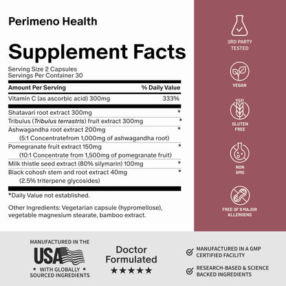 Snap Supplements Perimeno Health Perimenopause Supplements for Women, 60 Ct | Botanical Complex with Shatavari for Hormone Balance and Harmony, Mood and Vitality, Perimenopause Support for Women
