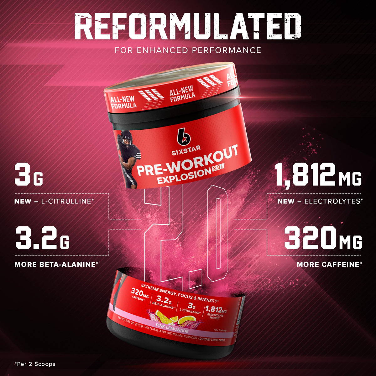 Six Star Pre-Workout Explosion 2.0 Pink Lemonade - Pre-Workout Powder, Explosive Energy
