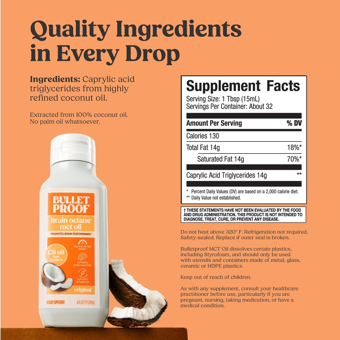 Bulletproof Brain Octane C8 MCT Oil, 16 oz – 100% Pure Coconut Oil, Triple-Distilled Keto Energy Supplement for Coffee & Smoothies, Unflavored, No Additives or Fillers, Non-GMO