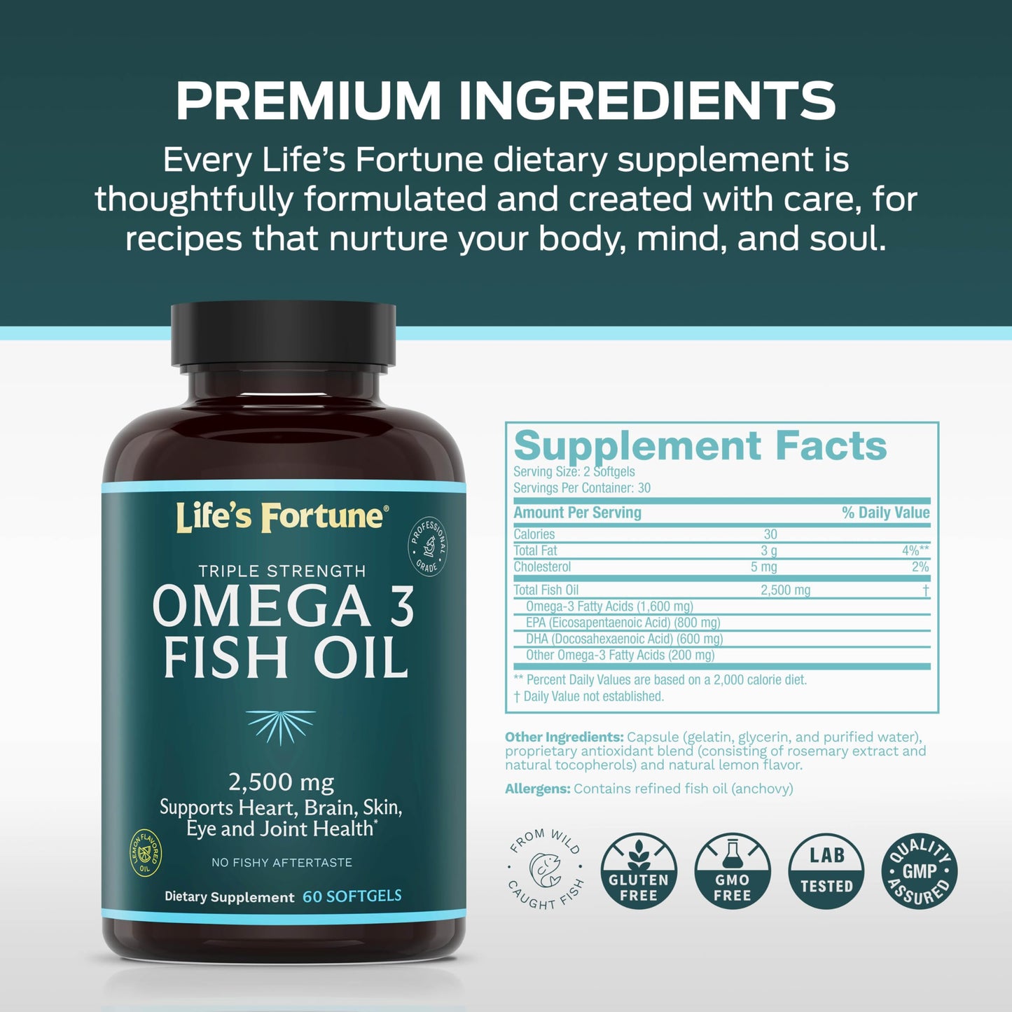 Life's Fortune Fish Oil Omega 3 Concentrate Supplement 2500 mg, 120 Softgels, High Potency, EPA & DHA Fatty Acid - Heart, Brain, Skin, Joints - Non GMO