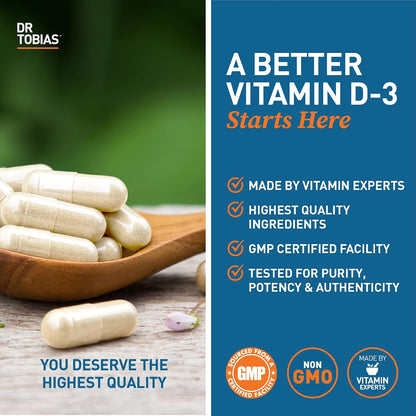 Dr. Tobias Vitamin D3 5000 IU 90 Capsules | Extra Strength Vitamin D | Bone, Teeth & Immune Support | 5,000 IU Vitamin D3 | Gelatin-Free & Non-GMO | 90 Servings
