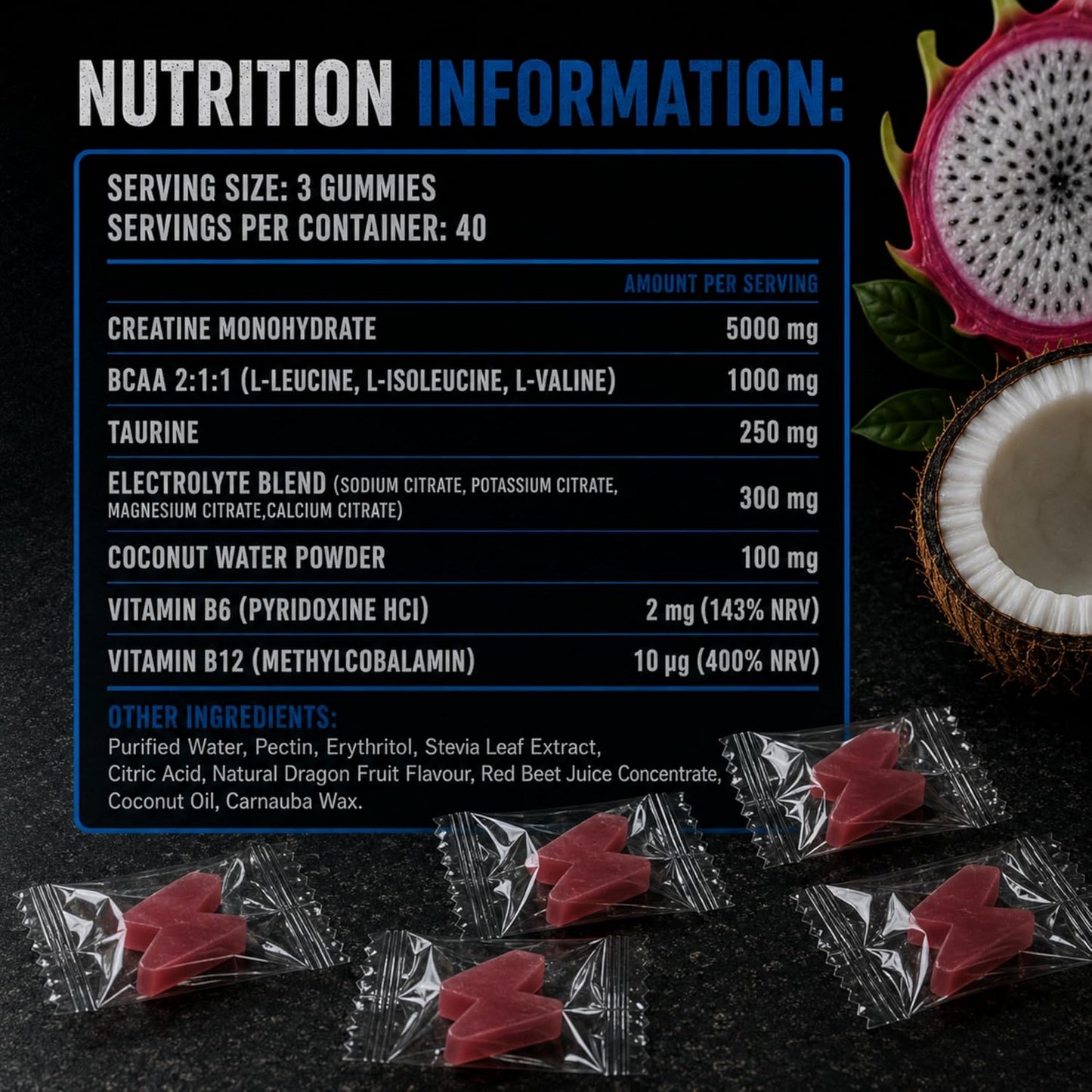 Creatine Gummies with BCAA and Electrolytes, 5g Creatine Monohydrate per Serving, Sugar Free Chews for Muscle Recovery and Hydration, Arctic Dragon Fruit Flavor, Vegan, 120 Count, Made in UK