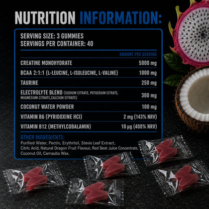 Creatine Gummies with BCAA and Electrolytes, 5g Creatine Monohydrate per Serving, Sugar Free Chews for Muscle Recovery and Hydration, Arctic Dragon Fruit Flavor, Vegan, 120 Count, Made in UK