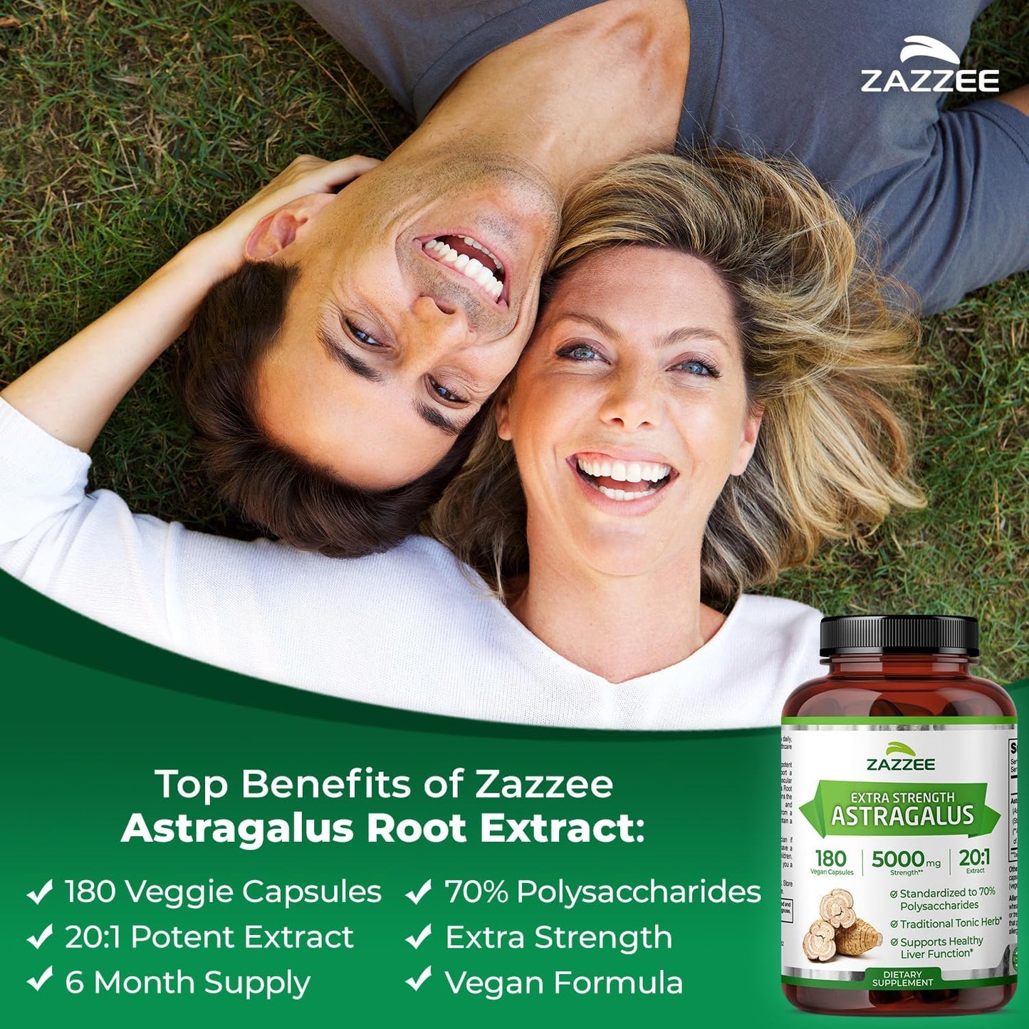 Zazzee Extra Strength Astragalus Root 20:1 Extract, 70% Polysaccharides, 180 Vegan Capsules, 6 Month Supply, Astragalus Membranaceus, Immune System Support, Non-GMO, Herbal Supplement, Made in the USA