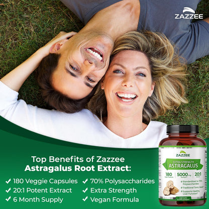 Zazzee Extra Strength Astragalus Root 20:1 Extract, 70% Polysaccharides, 180 Vegan Capsules, 6 Month Supply, Astragalus Membranaceus, Immune System Support, Non-GMO, Herbal Supplement, Made in the USA