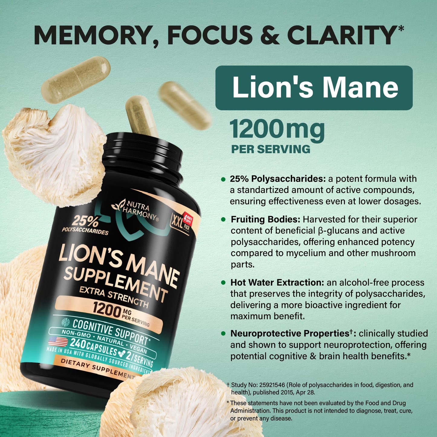 Lions Mane Supplement Capsules - for women & Men - Organic Lions Mane - Fruiting Bodies Extract - 1200 mg, 25% Polysaccharides - Memory & Focus Support - As Lions Powder - 120 Capsules, 2 Month Supply