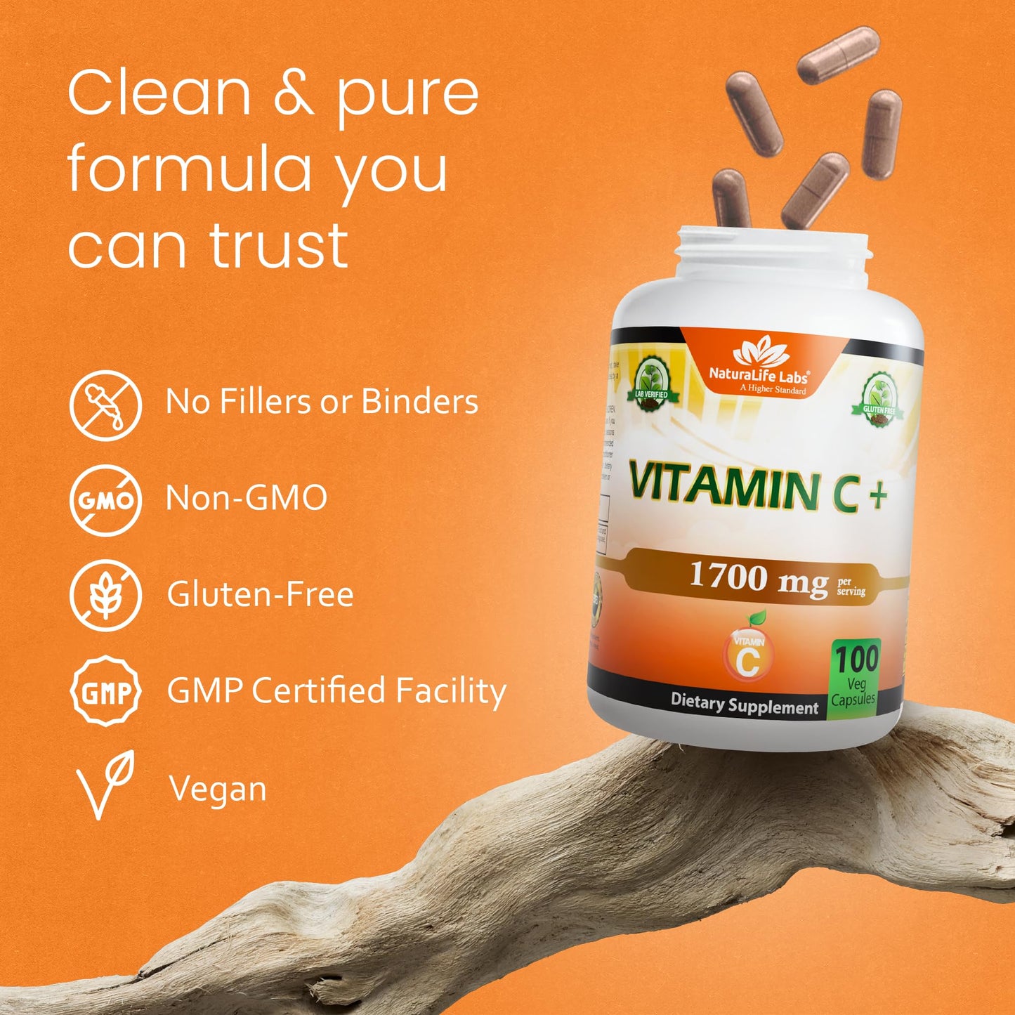 NaturaLife Labs Vitamin C with Vitamin D3, Zinc, Elderberry & Ginger Root – 1,700 mg per Serving – 100 Capsules, Vegan, Non-GMO, Gluten Free