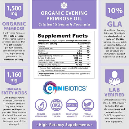 OmniBiotics Organic Evening Primrose Oil for Women – Clinical Strength 1500mg per Capsule, 10% GLA, Cold-Pressed, Non-GMO, Hormone Balance for Women – 120 Vegan Softgel Capsules (Pack of 2)