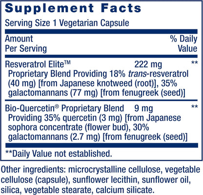 Life Extension Optimized Resveratrol Elite, Trans-resveratrol, quercetin, Healthy Aging, Heart Health, Brain Health, oxidative Stress, Gluten-Free, Non-GMO, Vegetarian, 60 Capsules