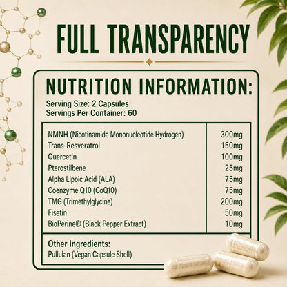 NMNH Ultra Complex 1000mg, NMNH Supplement with Trans-Resveratrol, Quercetin, CoQ10, ALA, TMG, Pterostilbene, Fisetin & BioPerine, 120 Vegan Capsules, Made in UK