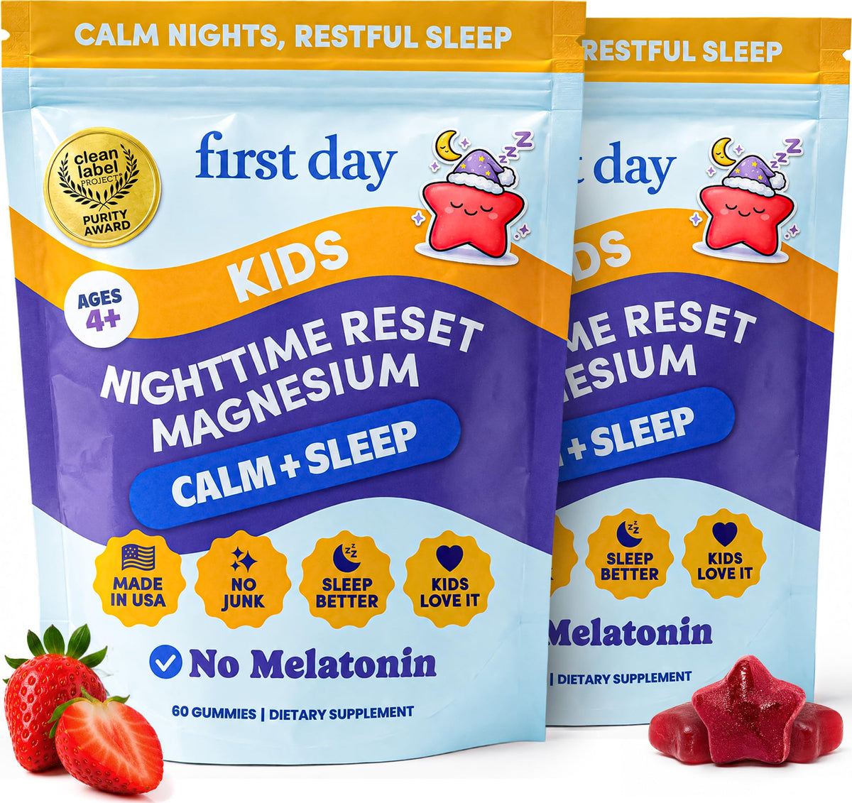 FIRST DAY Kids Magnesium Gummies, Citrate + L-Theanine, No Melatonin, 60 Ct