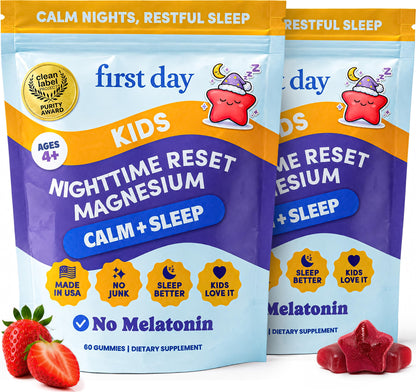 FIRST DAY Kids Magnesium Gummies, Citrate + L-Theanine, No Melatonin, 60 Ct