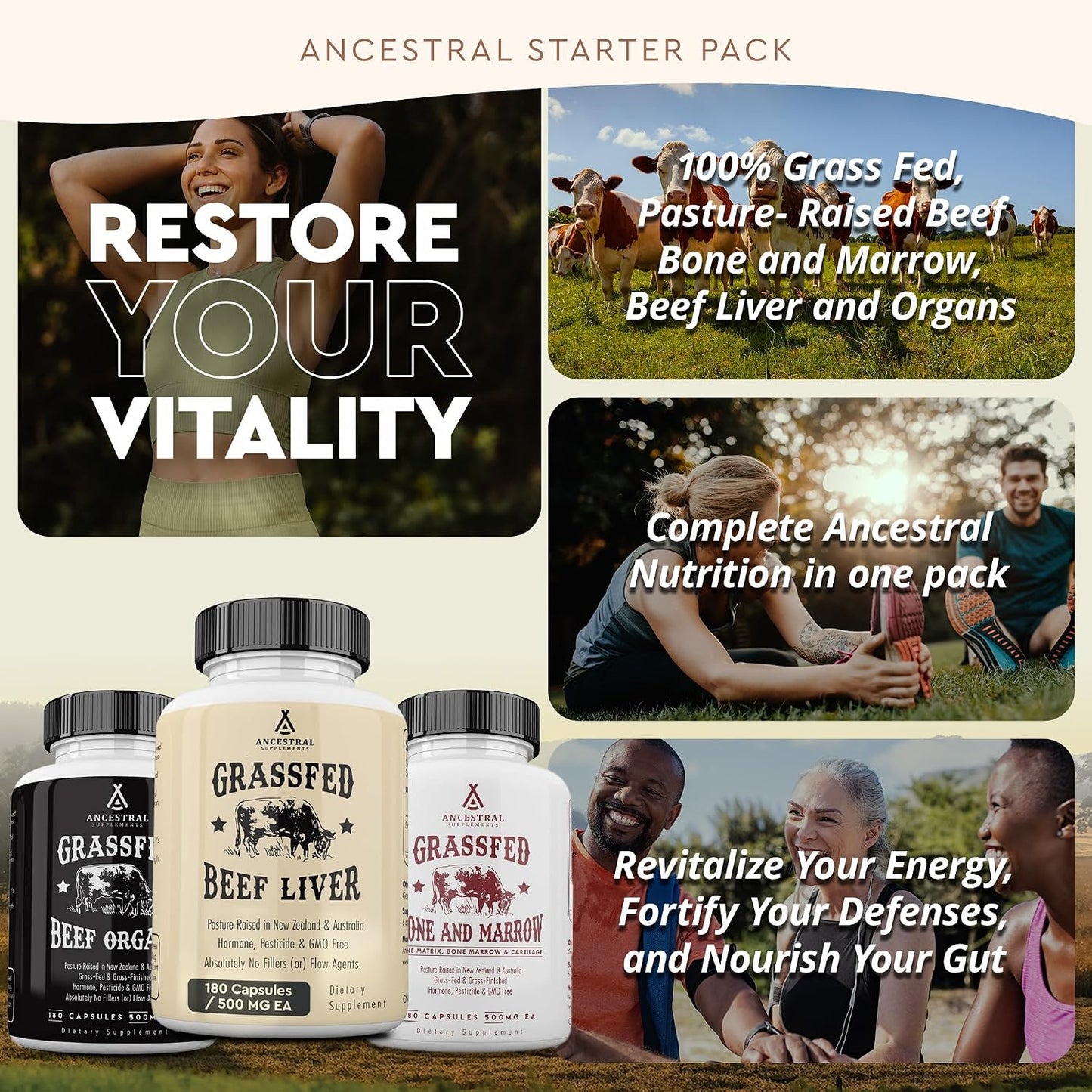 Ancestral Supplements Starter Pack, Grass Fed Beef Liver, Organ, Bone and Marrow Capsules, Non-GMO