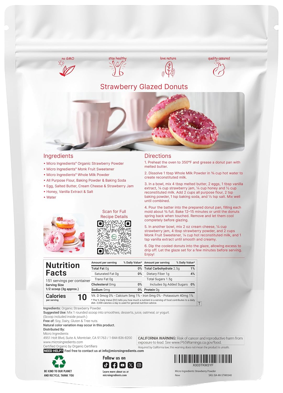 Organic Strawberry Powder, 1 Lb | 100% Natural Fruit Powder | Freeze-Dried Strawberries Source | No Sugar & Additives | Great Flavor for Drinks, Smoothie, & Beverages | Non-GMO & Vegan Friendly
