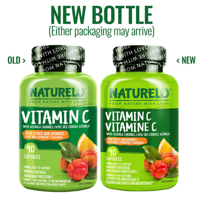 NATURELO Vitamin C with Organic Acerola Cherry Extract and Citrus Bioflavonoids - Vegan Supplement - Immune Support - 500 mg VIT C per Cap - Non-GMO - 90 Capsules