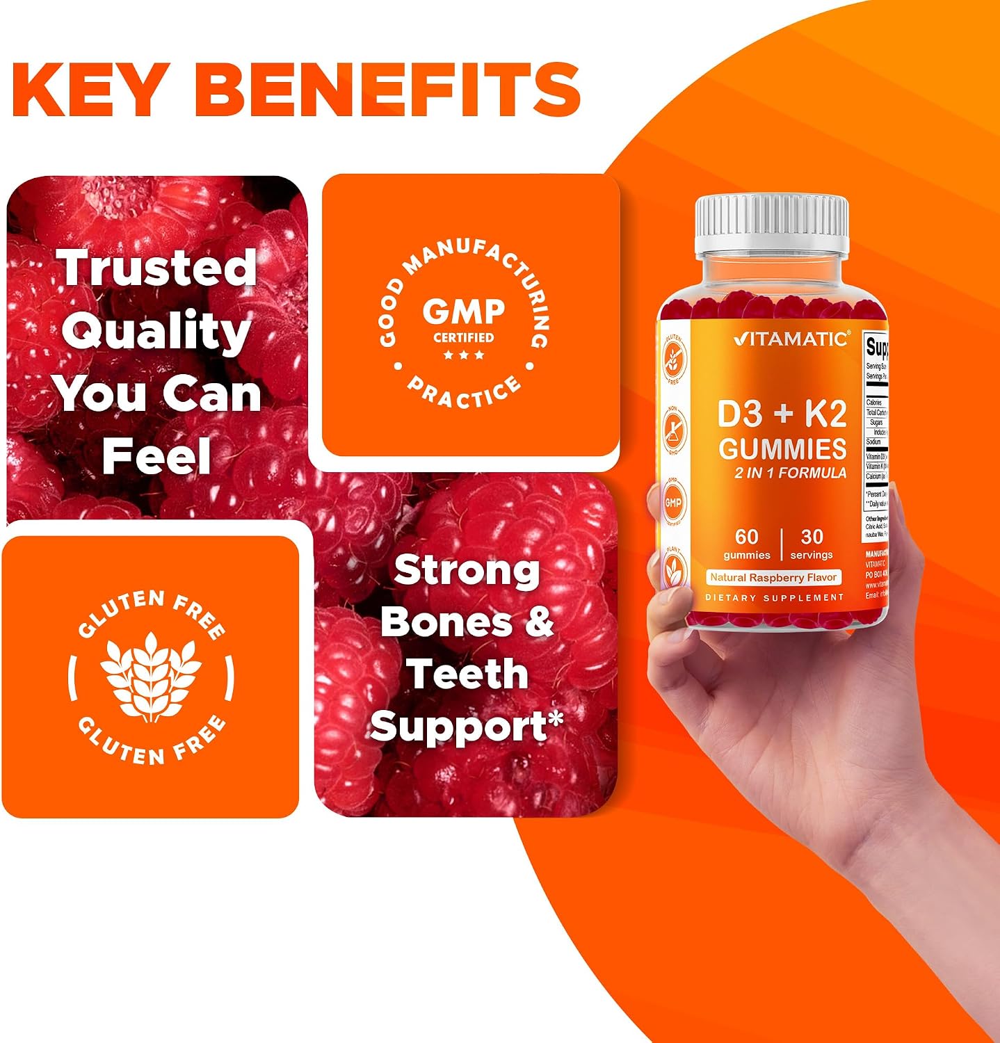 Vitamatic Vitamin D3 + K2 Gummies 60 Count - 2 Pack | D-3 5000 IU + Vitamin K 140mcg for Bone Heart & Immune Support, Pectin-Based, Non-GMO, Gluten-Free