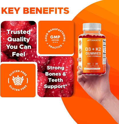 Vitamatic Vitamin D3 + K2 Gummies 60 Count - 2 Pack | D-3 5000 IU + Vitamin K 140mcg for Bone Heart & Immune Support, Pectin-Based, Non-GMO, Gluten-Free