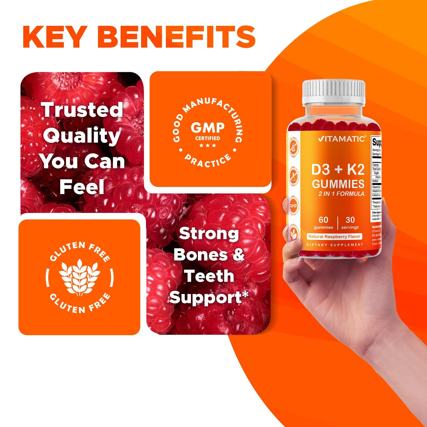Vitamatic Vitamin D3 + K2 Gummies 60 Count - 2 Pack | D-3 5000 IU + Vitamin K 140mcg for Bone Heart & Immune Support, Pectin-Based, Non-GMO, Gluten-Free